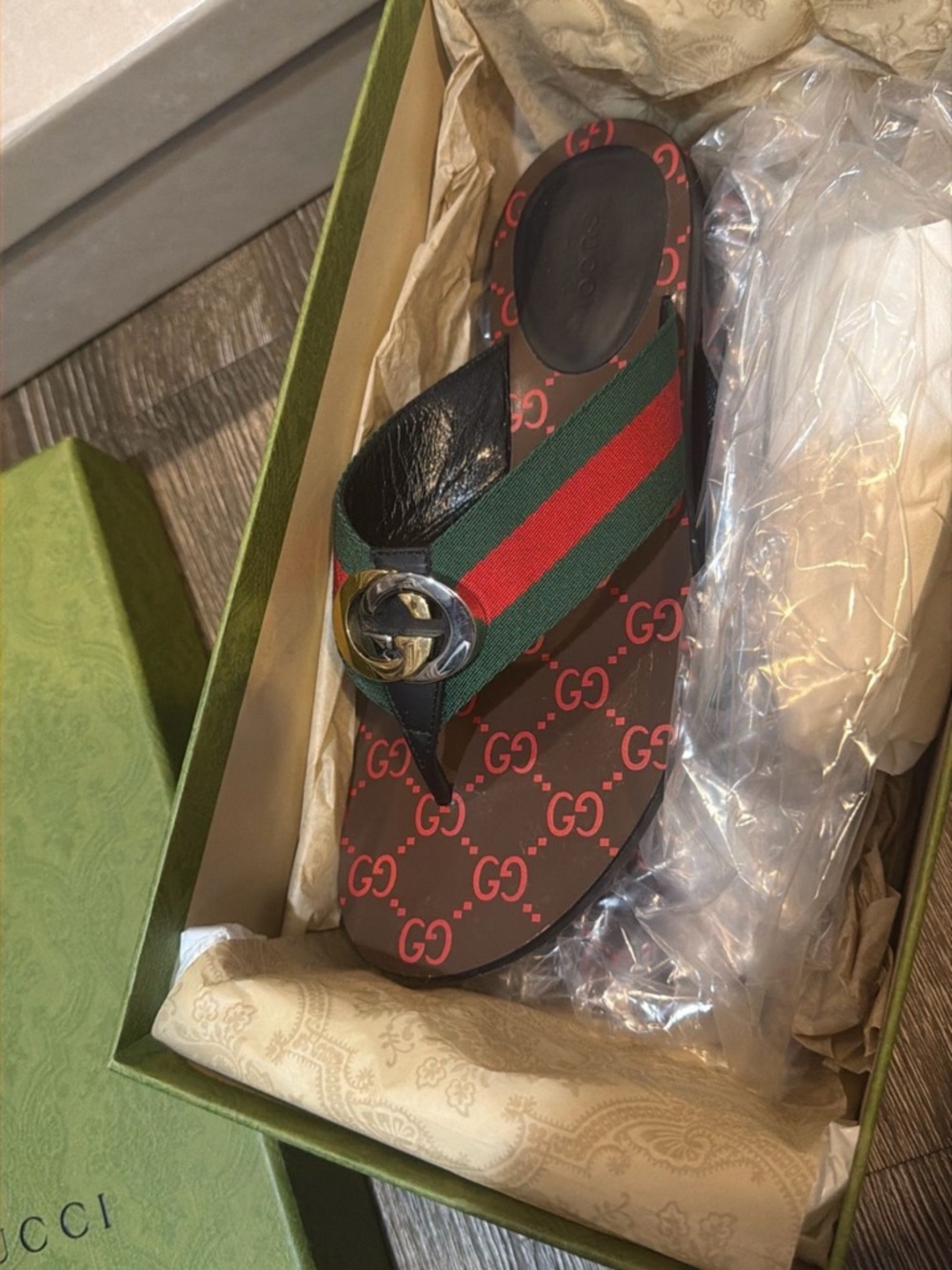 Gucci Brown Slide Sandal with Red & Green Web and Gold Hardware